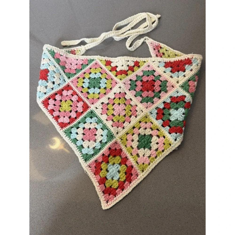 Handmade Crochet Granny Square Bandana Kerchief Scarf Cottagecore Boho Tie Back